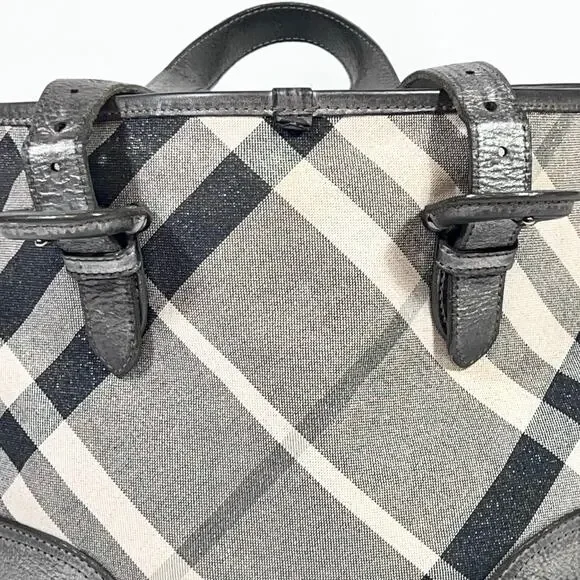 Burberry Super Nova Shimmer Check Tote Bag Canvas Leather Trim Open Top Pockets - Picture 9 of 16